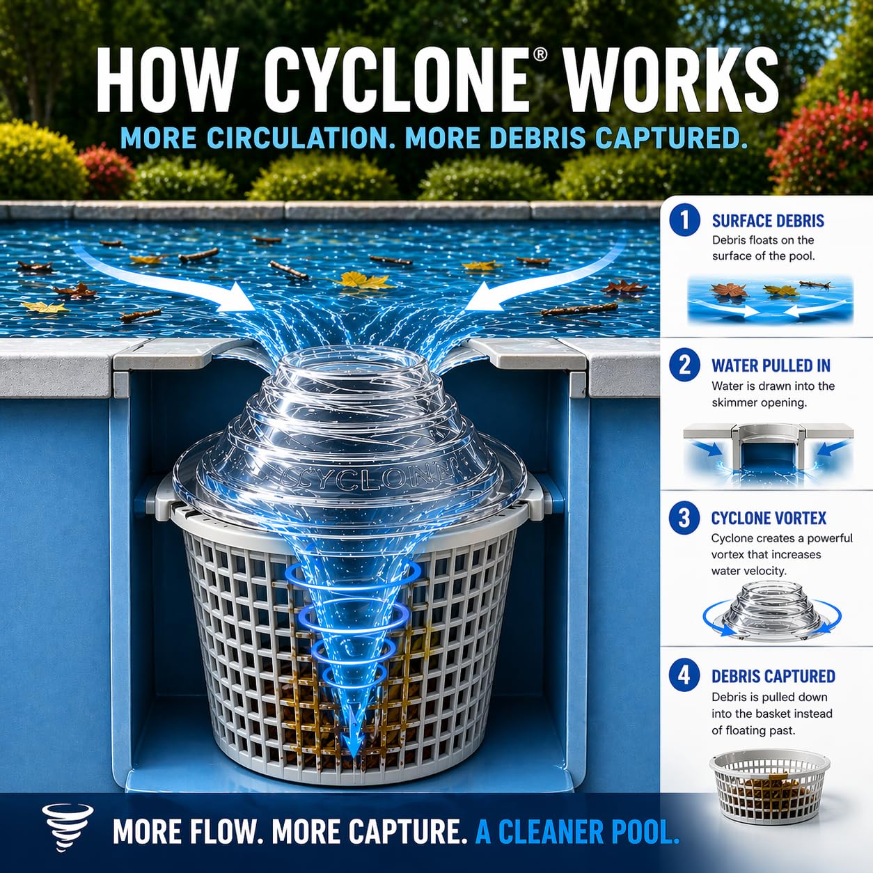 The Skimmie Cyclone detalle del embudo ajustable para optimizar succión según nivel del agua