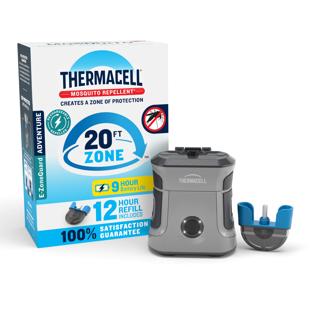Thermacell E-ZoneGuard frontal mostrando diseño compacto y fácil de sostener