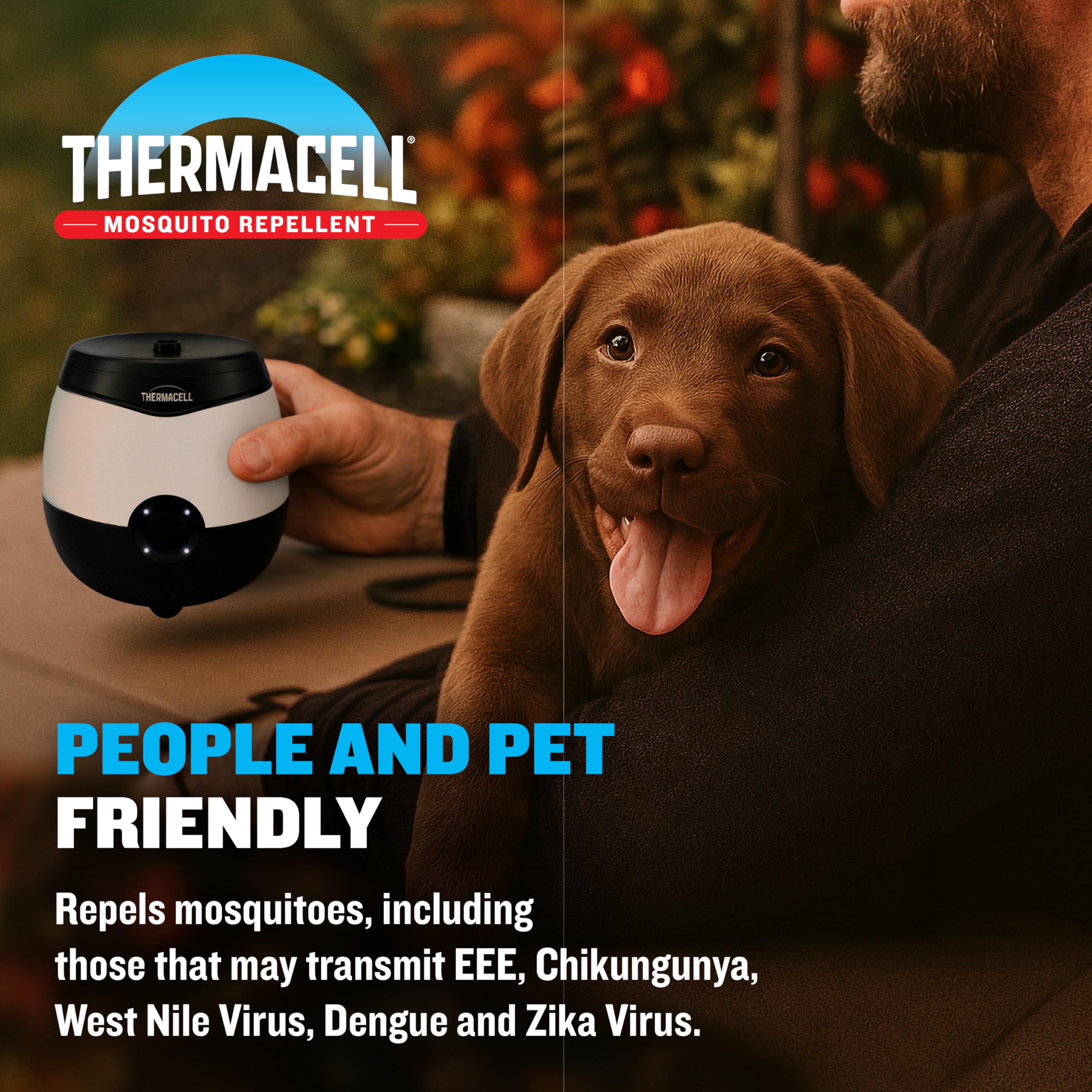 Thermacell en mesa exterior demostrando zona libre de mosquitos