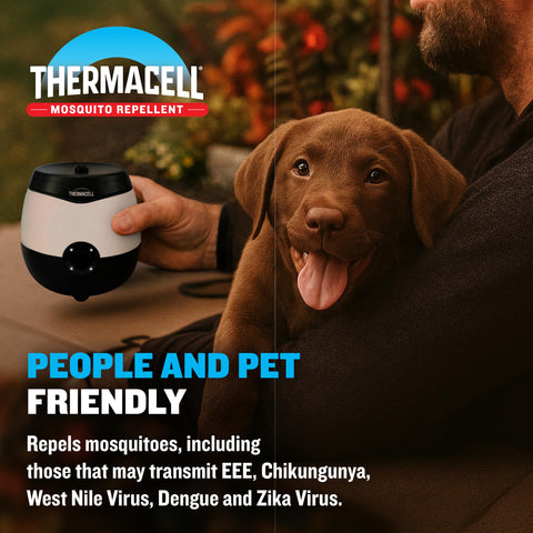 Thermacell en mesa exterior demostrando zona libre de mosquitos