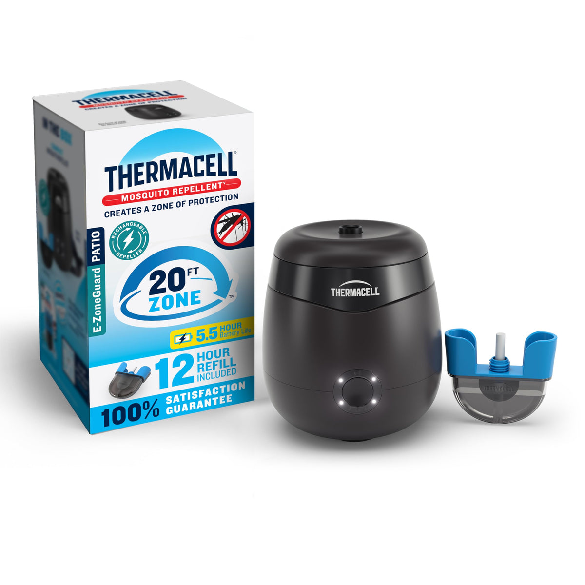 Thermacell E-ZoneGuard Patio vista frontal mostrando diseño portátil y control fácil
