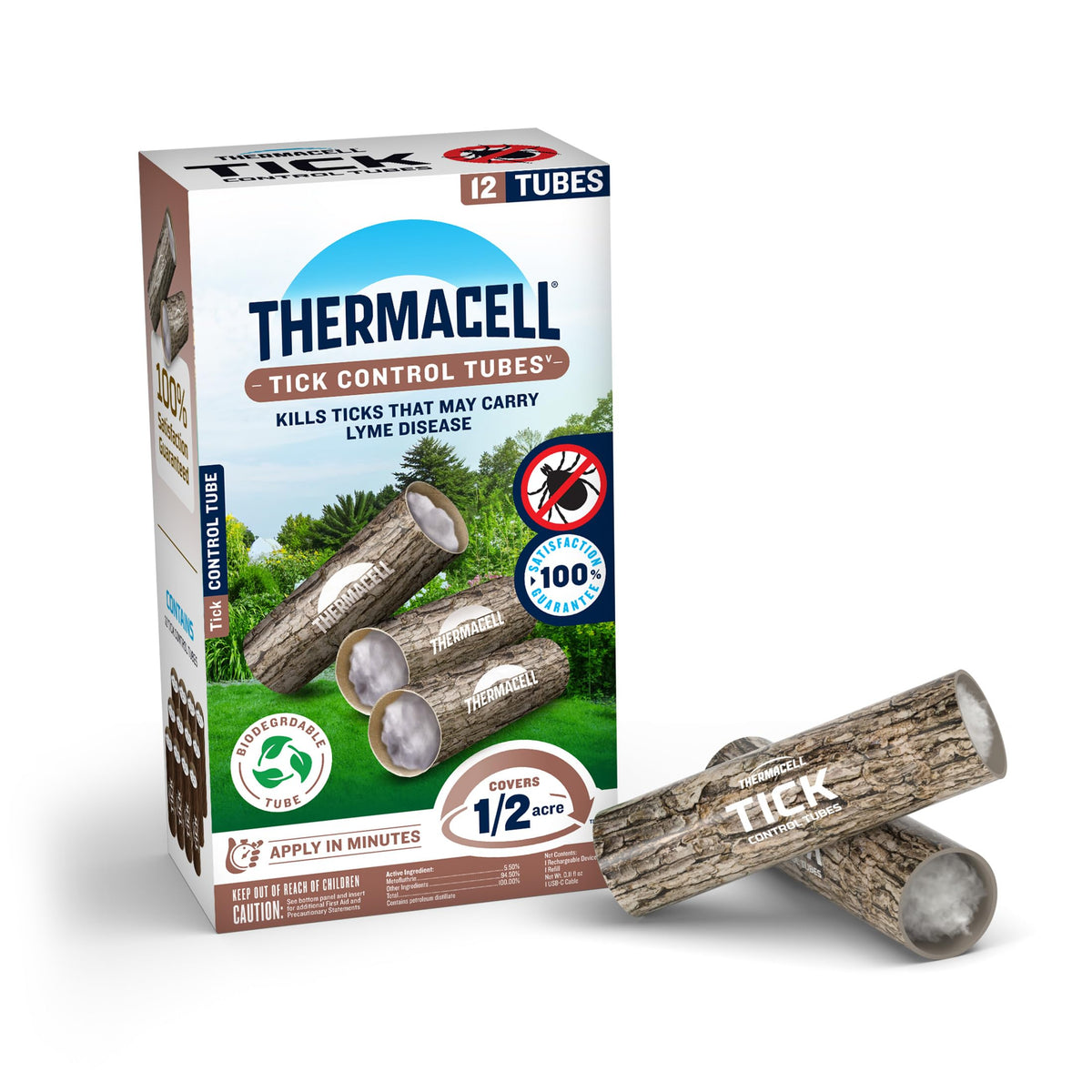 Thermacell empaque frontal mostrando 12 tubos y beneficio de reducción de garrapatas