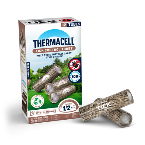 Thermacell empaque frontal mostrando 12 tubos y beneficio de reducción de garrapatas