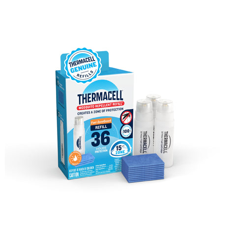 Thermacell frente del paquete mostrando recambios y beneficios de 36 horas