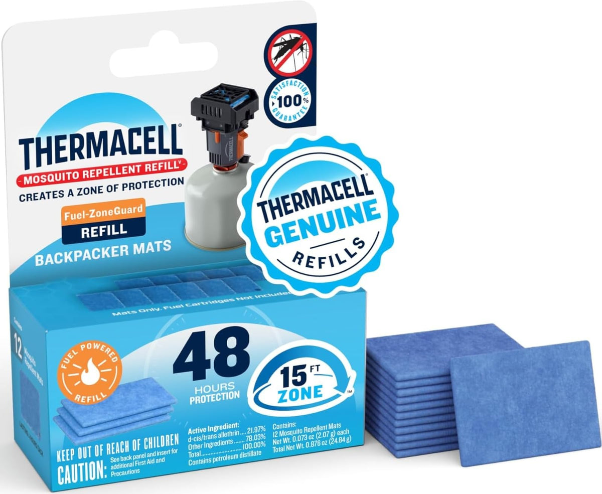 Thermacell empaque frontal mostrando refills Backpacker y beneficio protección