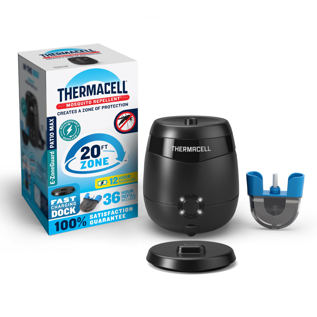 Thermacell vista frontal del dispositivo mostrando diseño compacto y beneficio protección