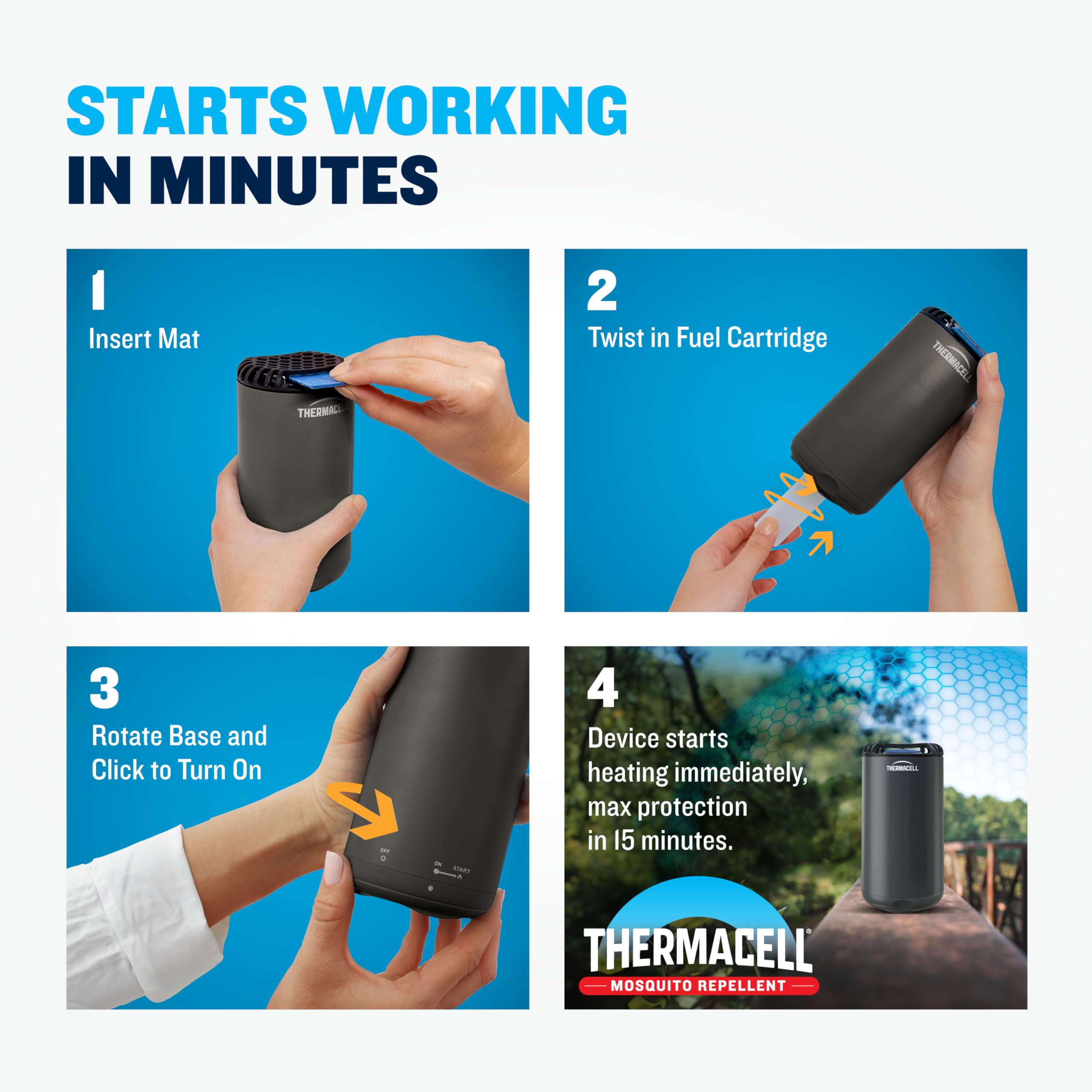 Thermacell repeler en uso en jardín creando zona libre de mosquitos