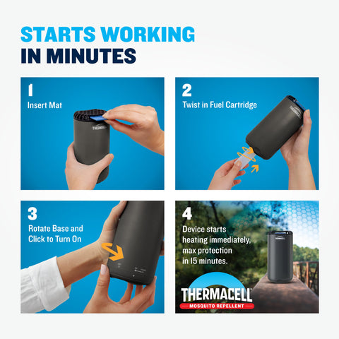 Thermacell repeler en uso en patio creando zona protegida para cena