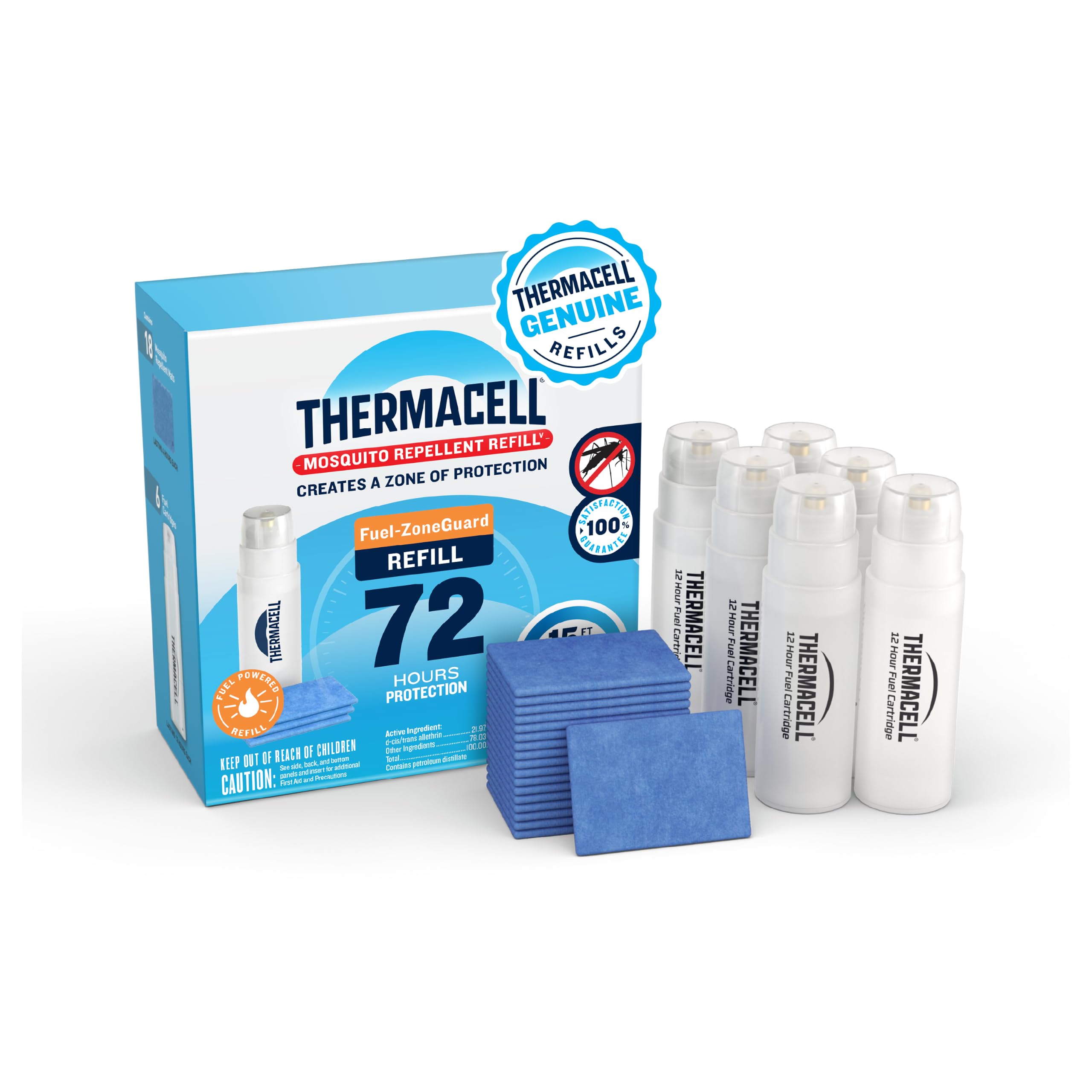 Thermacell empaque frontal mostrando recambios y beneficios visibles