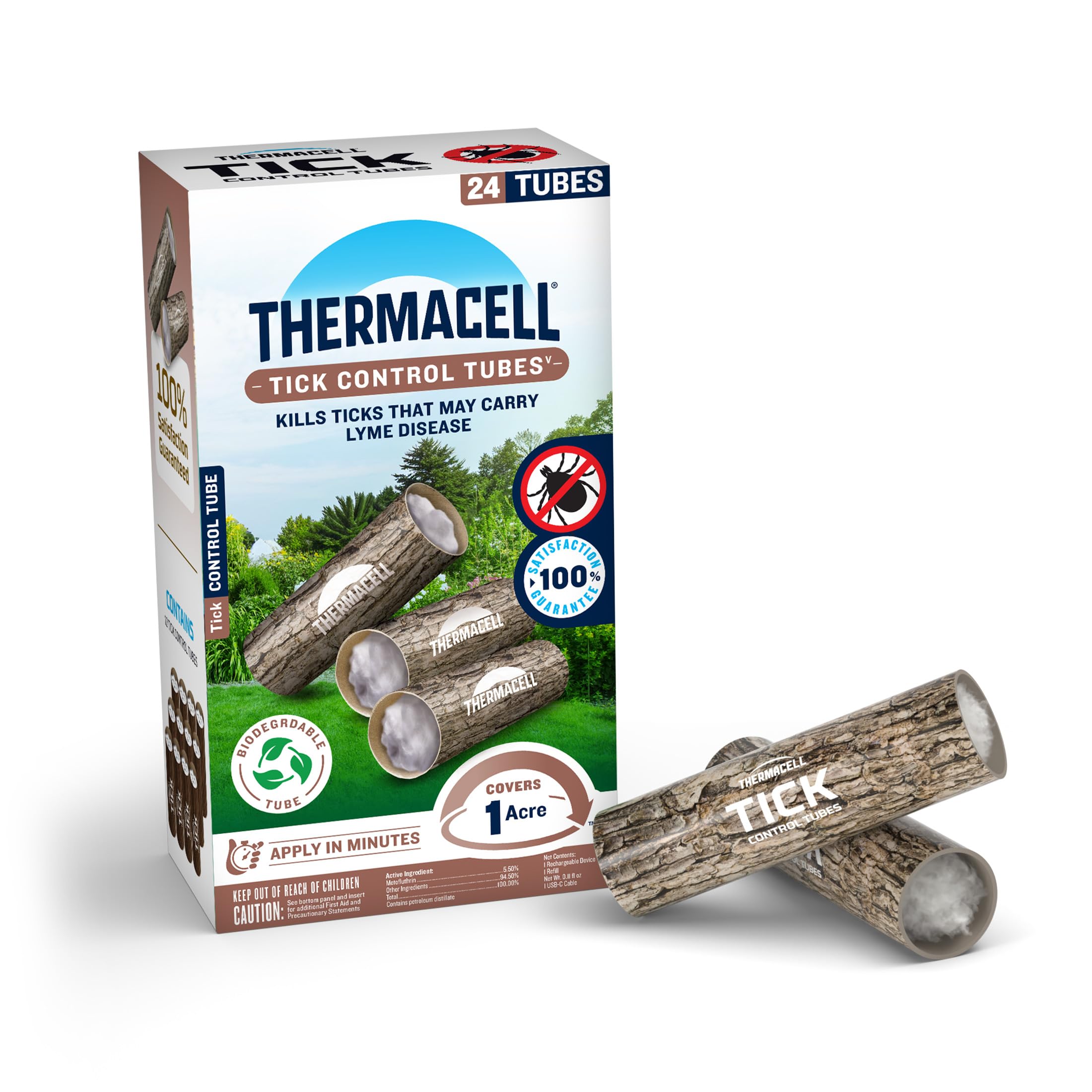 Thermacell empaque frontal mostrando 24 tubos para control de garrapatas, protección del patio