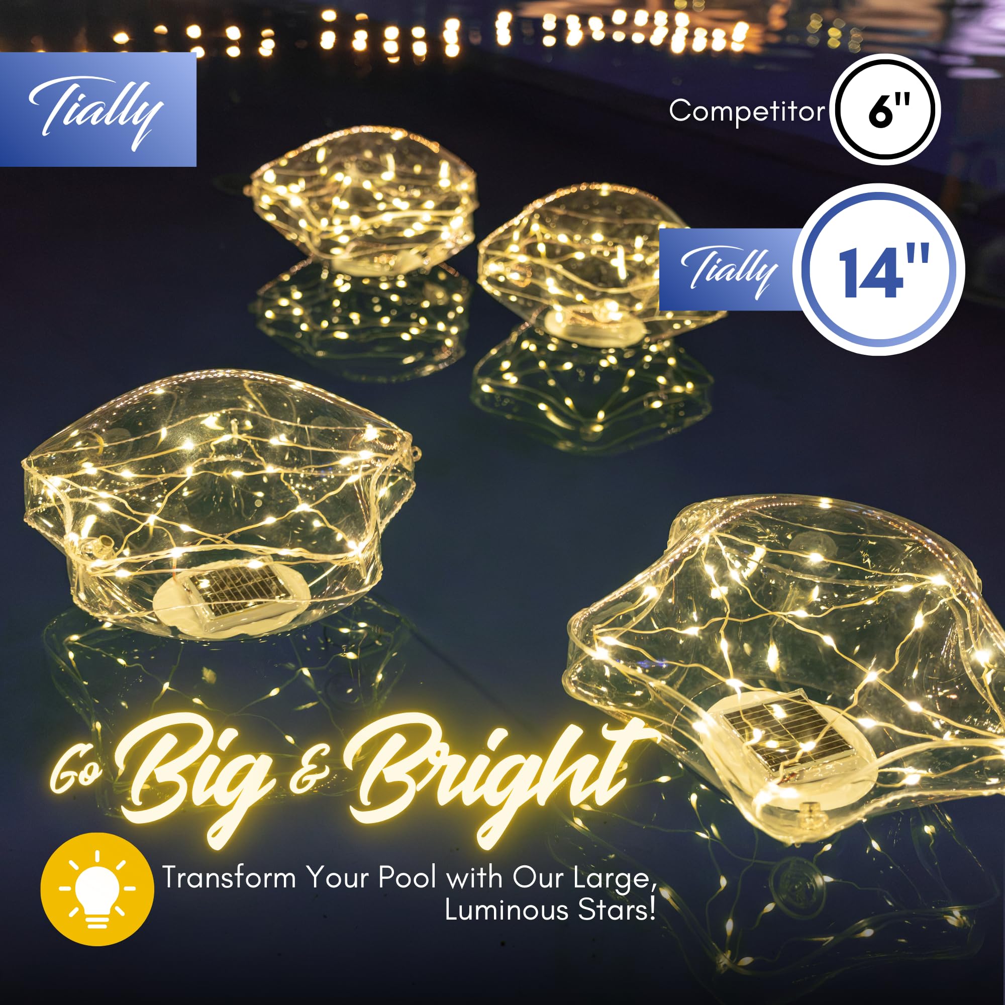 TIALLY estrella flotando en piscina con reflejo que crea ambiente acogedor