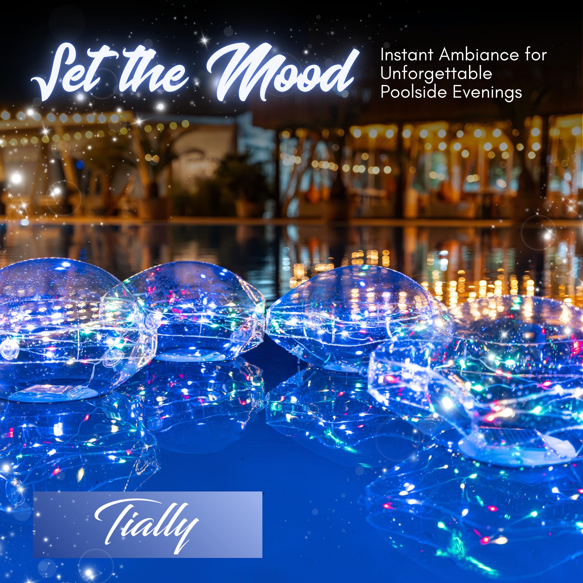 TIALLY estrellas flotando en piscina con reflejo creando ambiente acogedor