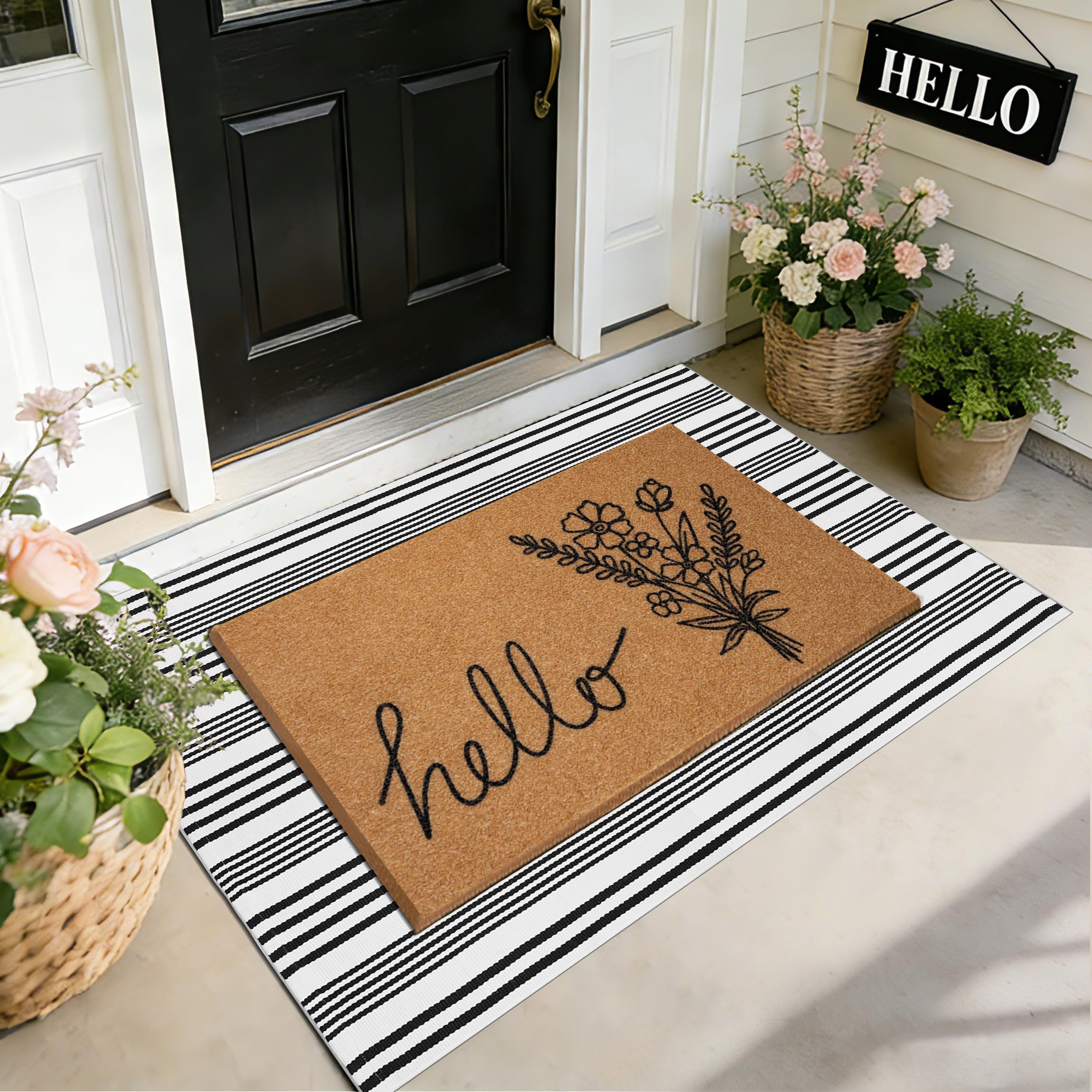 TIKIRUGI felpudo frontal conjunto primavera, bienvenida decorativa y raspado efectivo