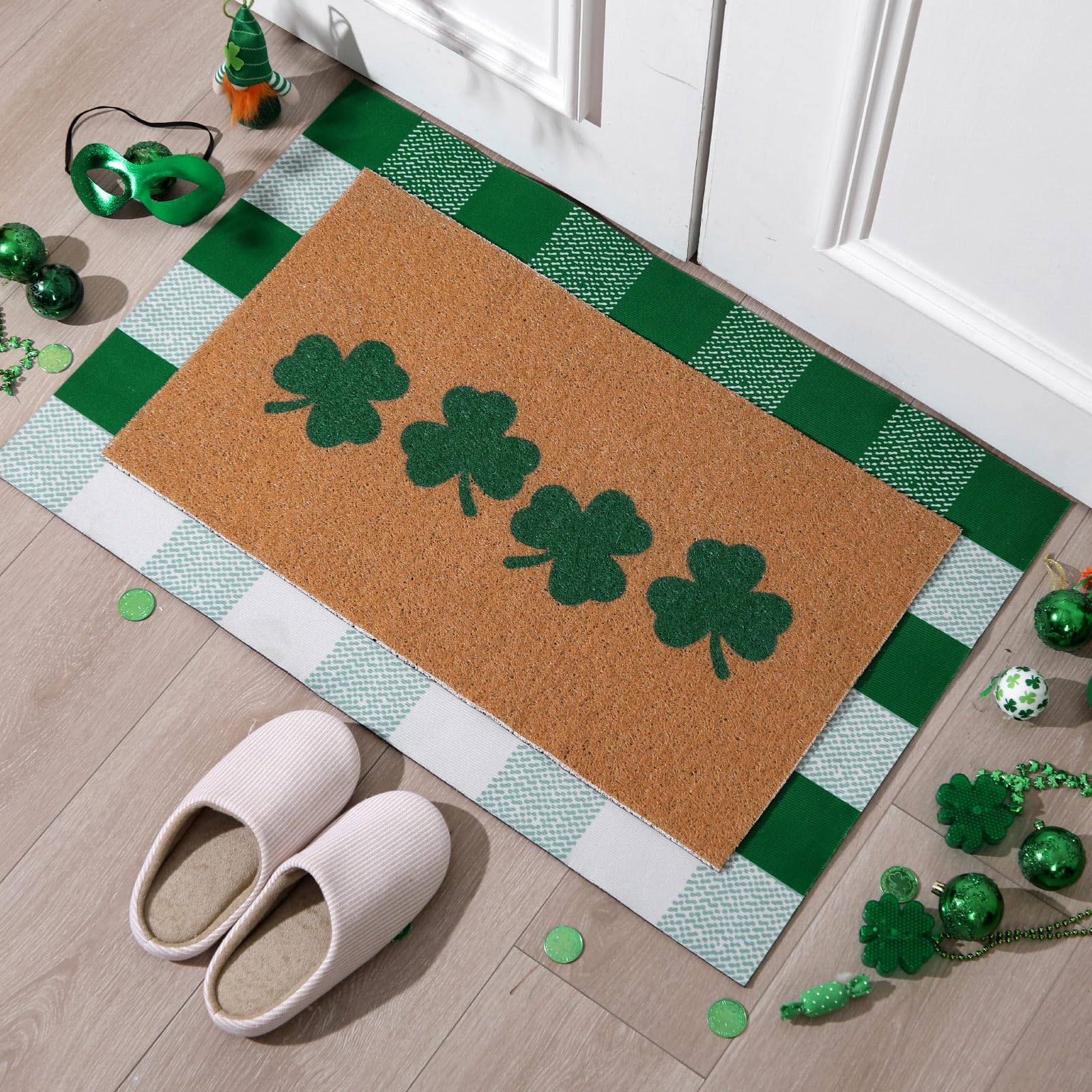 Tinideya alfombra superior verde y blanco en primer plano ofreciendo confort y estilo