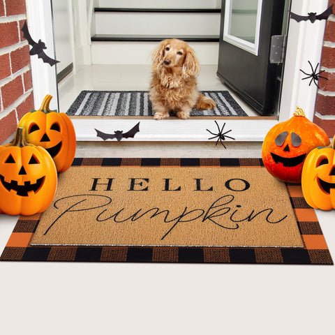 tinideya doble capa con texto Hello Pumpkin creando ambiente acogedor