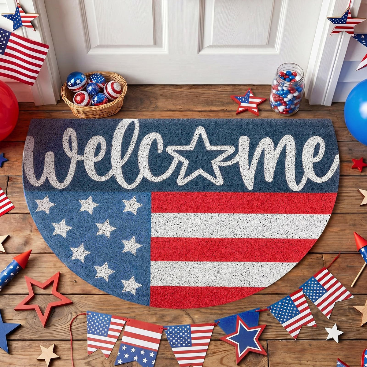 Tinideya felpudo frente de entrada con bandera americana, da bienvenida festiva