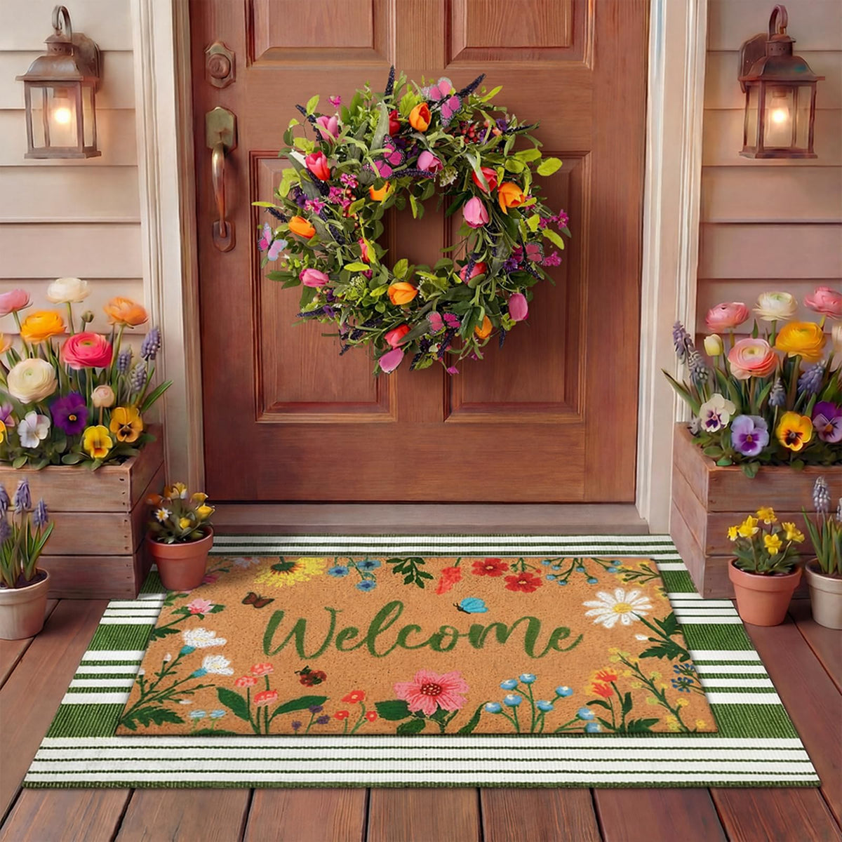 Tinideya felpudo floral frontal decorativo que da bienvenida y protege su suelo