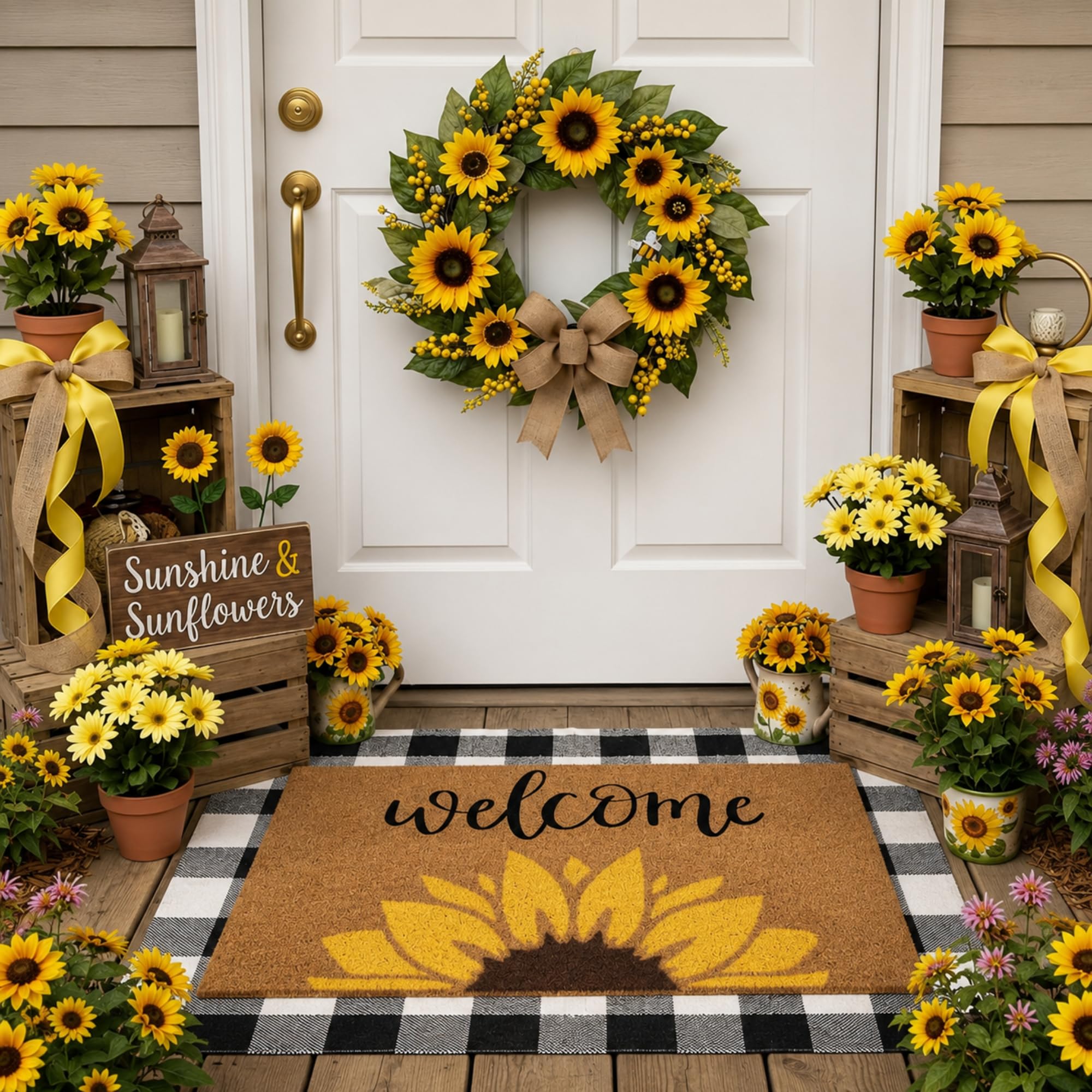 Tinideya felpudo frontal con girasol y cuadros que da bienvenida