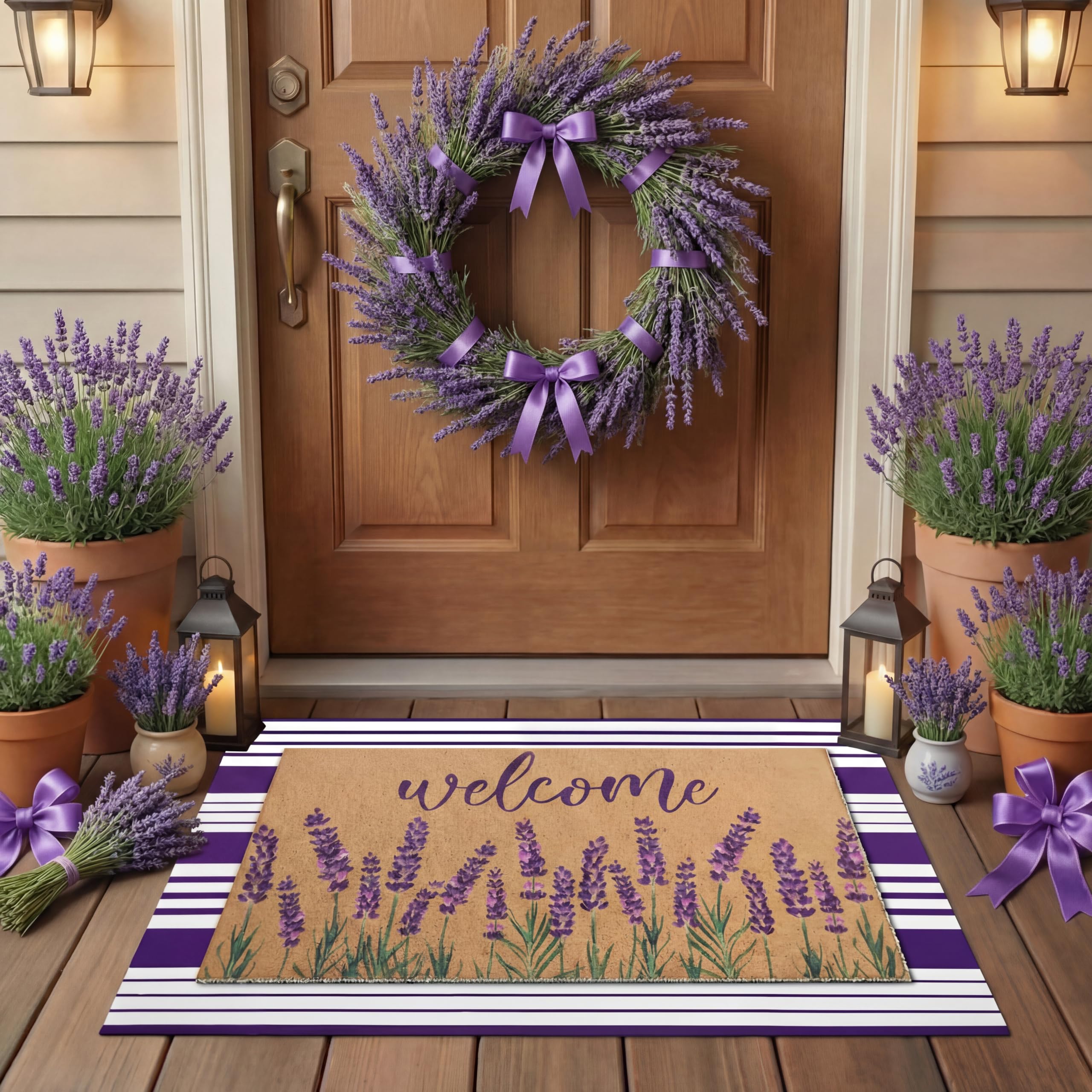 Tinideya felpudo lavanda vista frontal que añade bienvenida decorativa