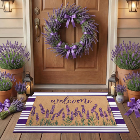 Tinideya felpudo lavanda vista frontal que añade bienvenida decorativa