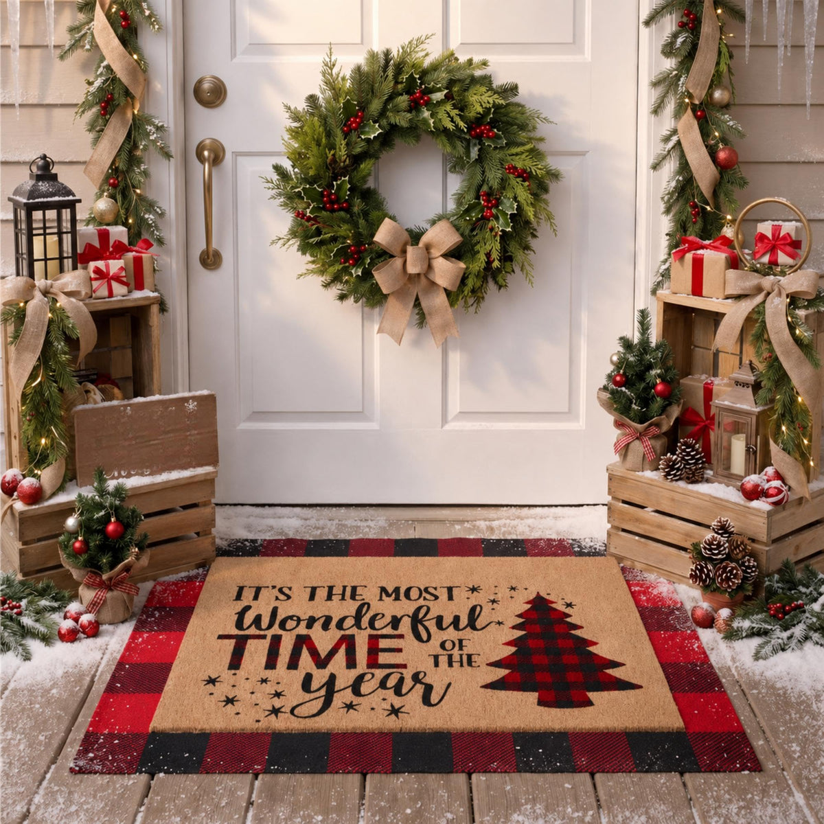 Tinideya felpudo frontal con árbol navideño, bienvenida decorativa segura