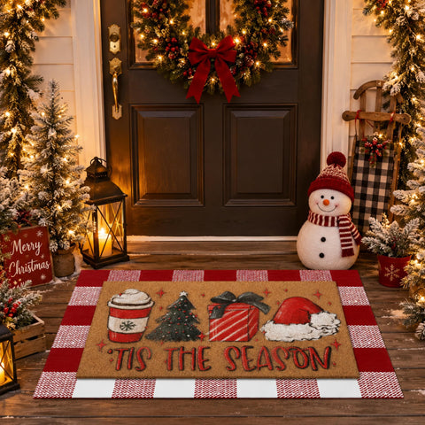 Tinideya felpudo frontal navideño mostrando estampado y cuadros, bienvenida decorativa