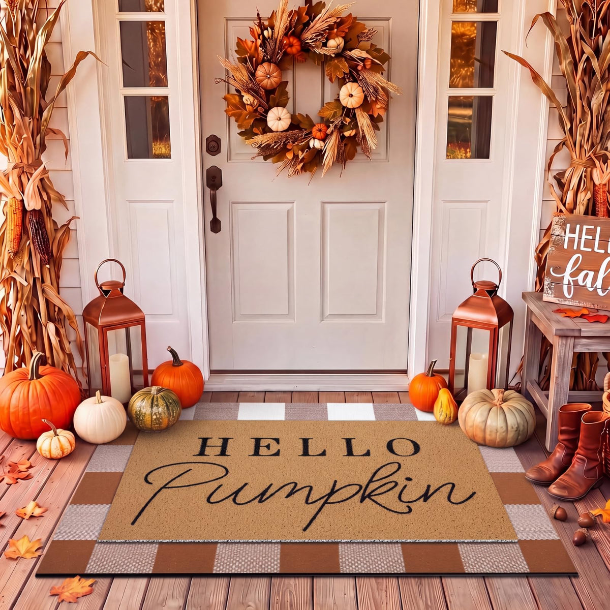 Tinideya felpudo Hello Pumpkin vista frontal acogedor