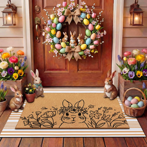 Tinideya felpudo frontal con conejo de Pascua, bienvenida decorativa