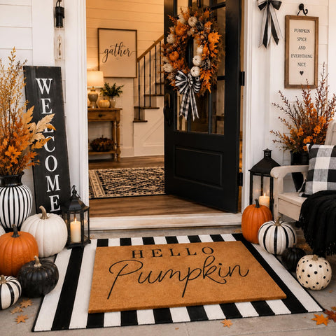 Tinideya felpudo Hello Pumpkin vista frontal mostrando diseño festivo y bienvenida