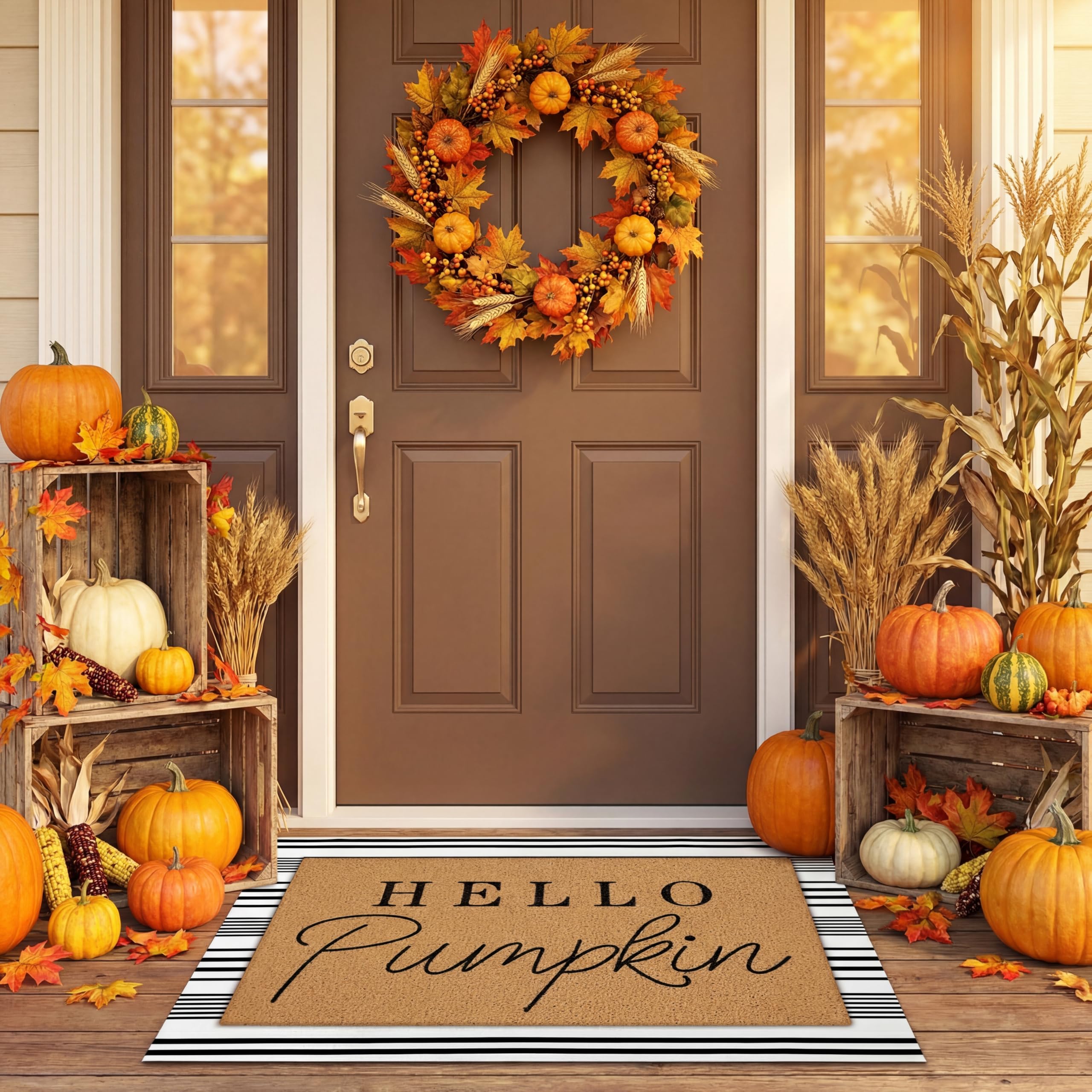 Tinideya en porche decorado de otoño ofreciendo ambiente acogedor y estilizado