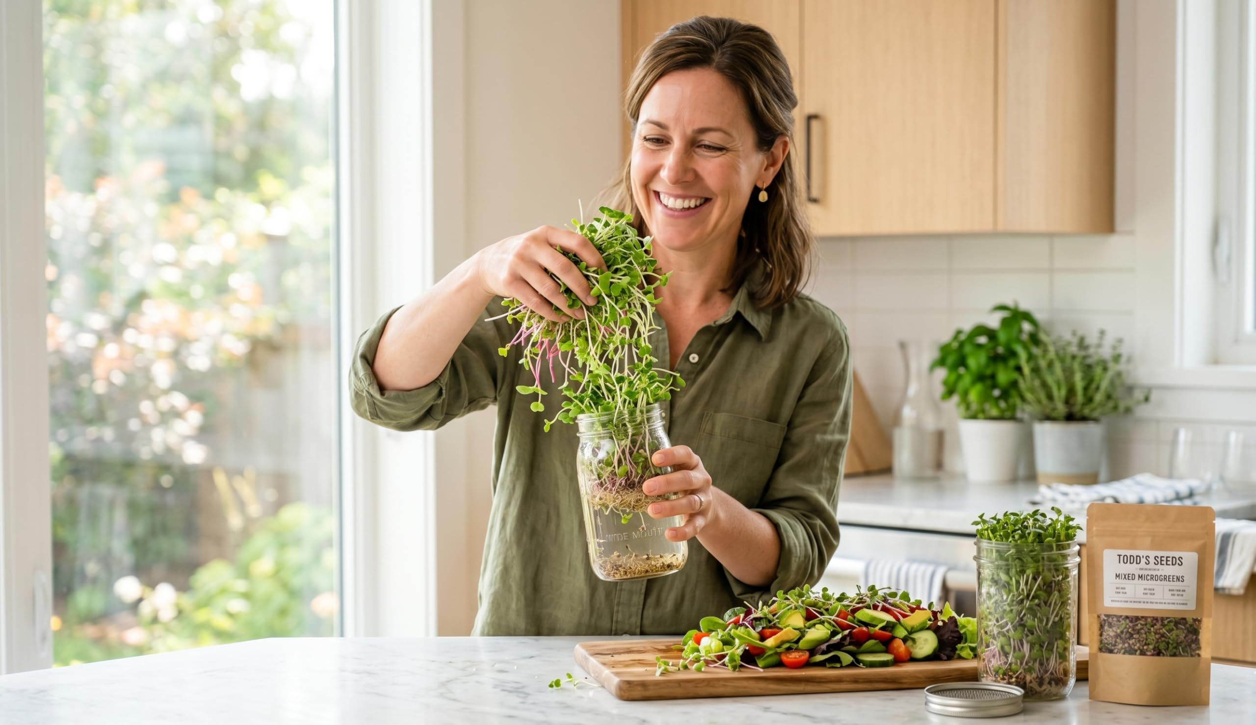 Todd's Seeds brotes añadidos a ensalada, mejora sabor y textura