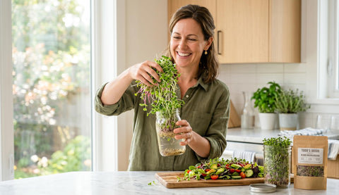 Todd's Seeds brotes añadidos a ensalada, mejora sabor y textura
