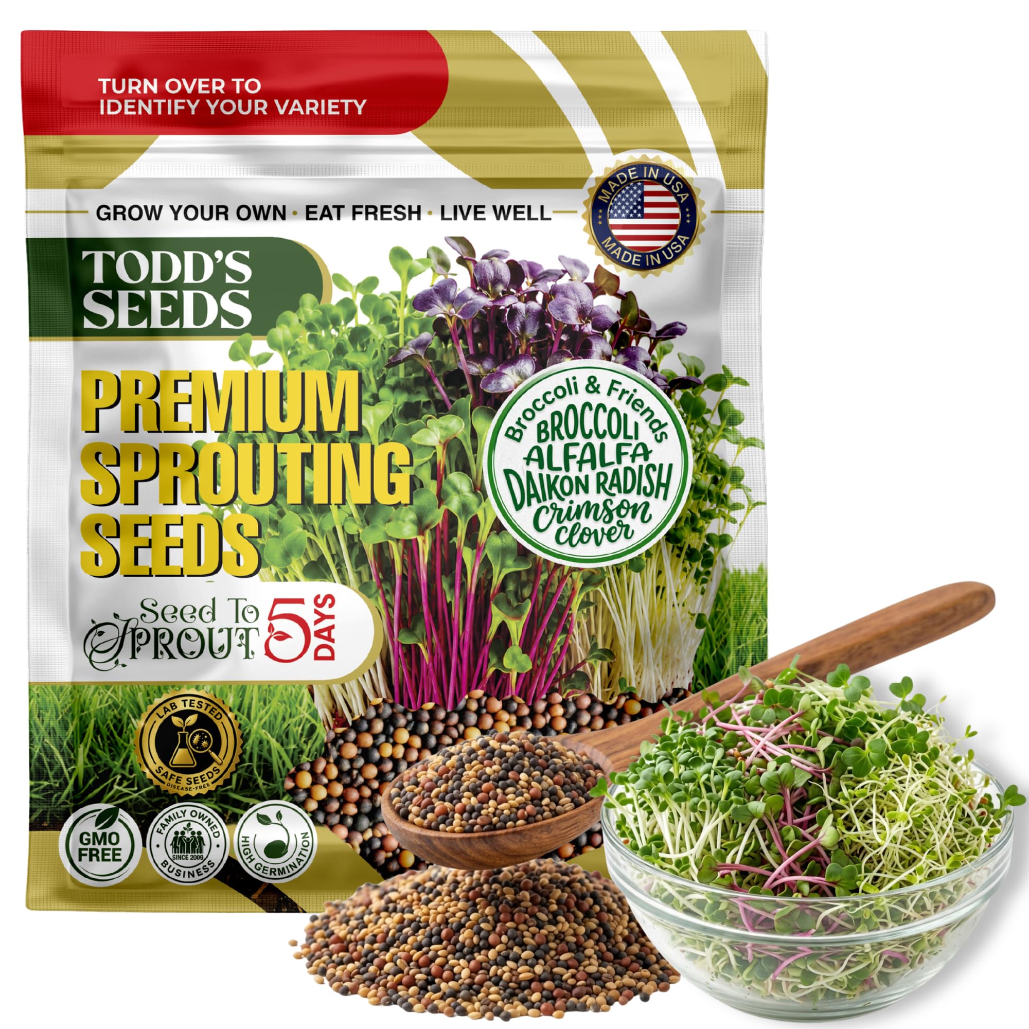 Todd's Seeds empaque frontal que muestra mezcla y valor de un kilo, práctico