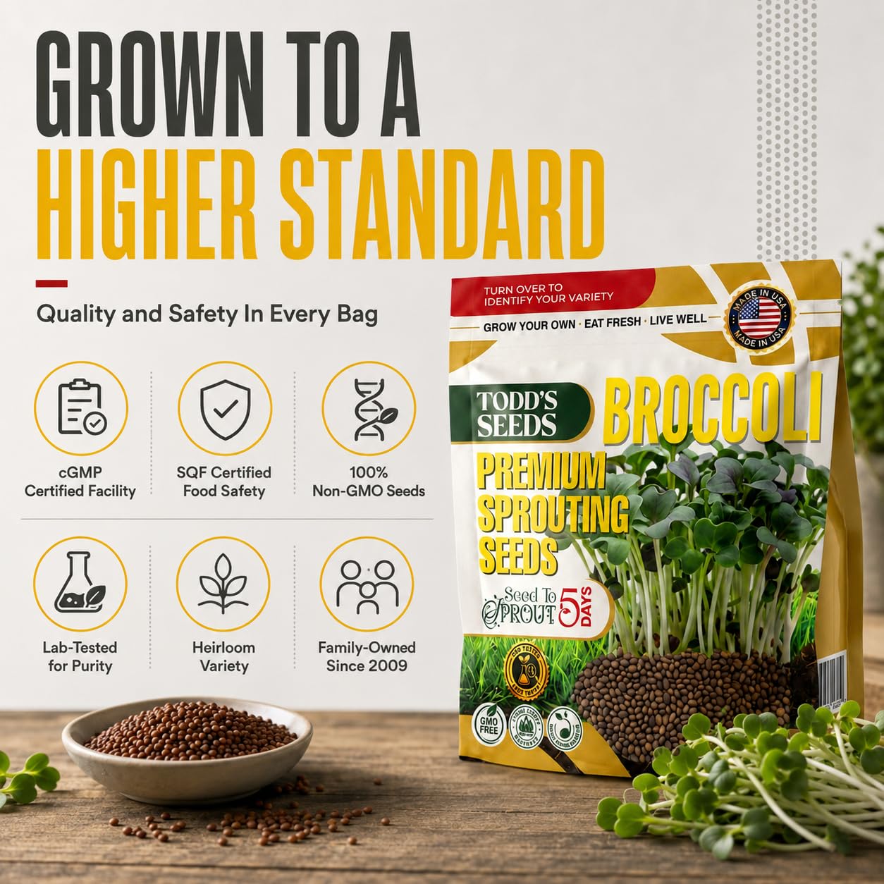 Todd's Seeds etiqueta con certificaciones que garantiza calidad y seguridad