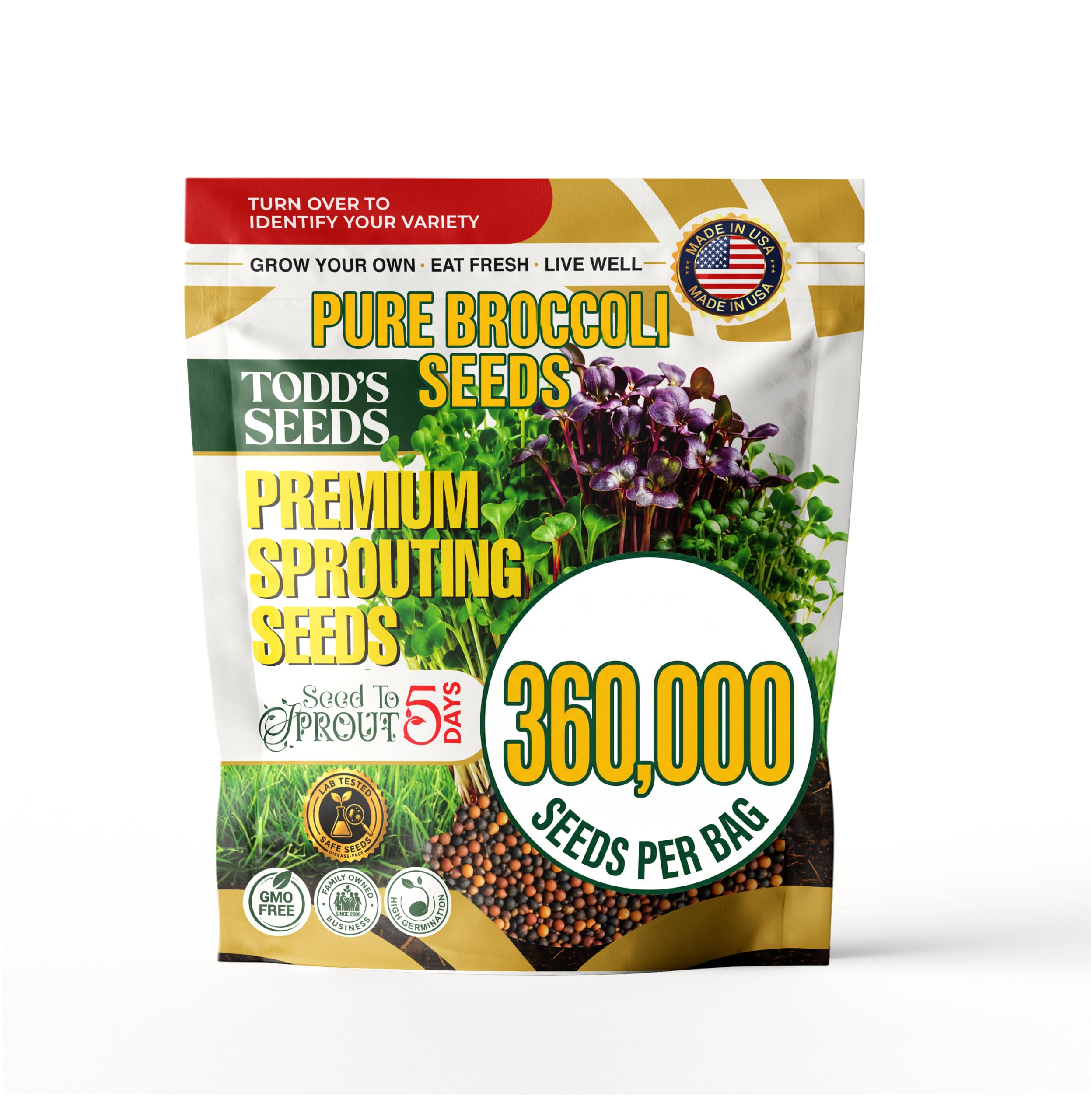 Todd's Seeds paquete frontal 2.5 lb mostrando texto y sello, confianza en rendimiento
