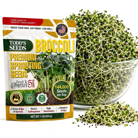 Todd's Seeds frente del paquete de 1 libra mostrando empaque resellable y beneficio conservación