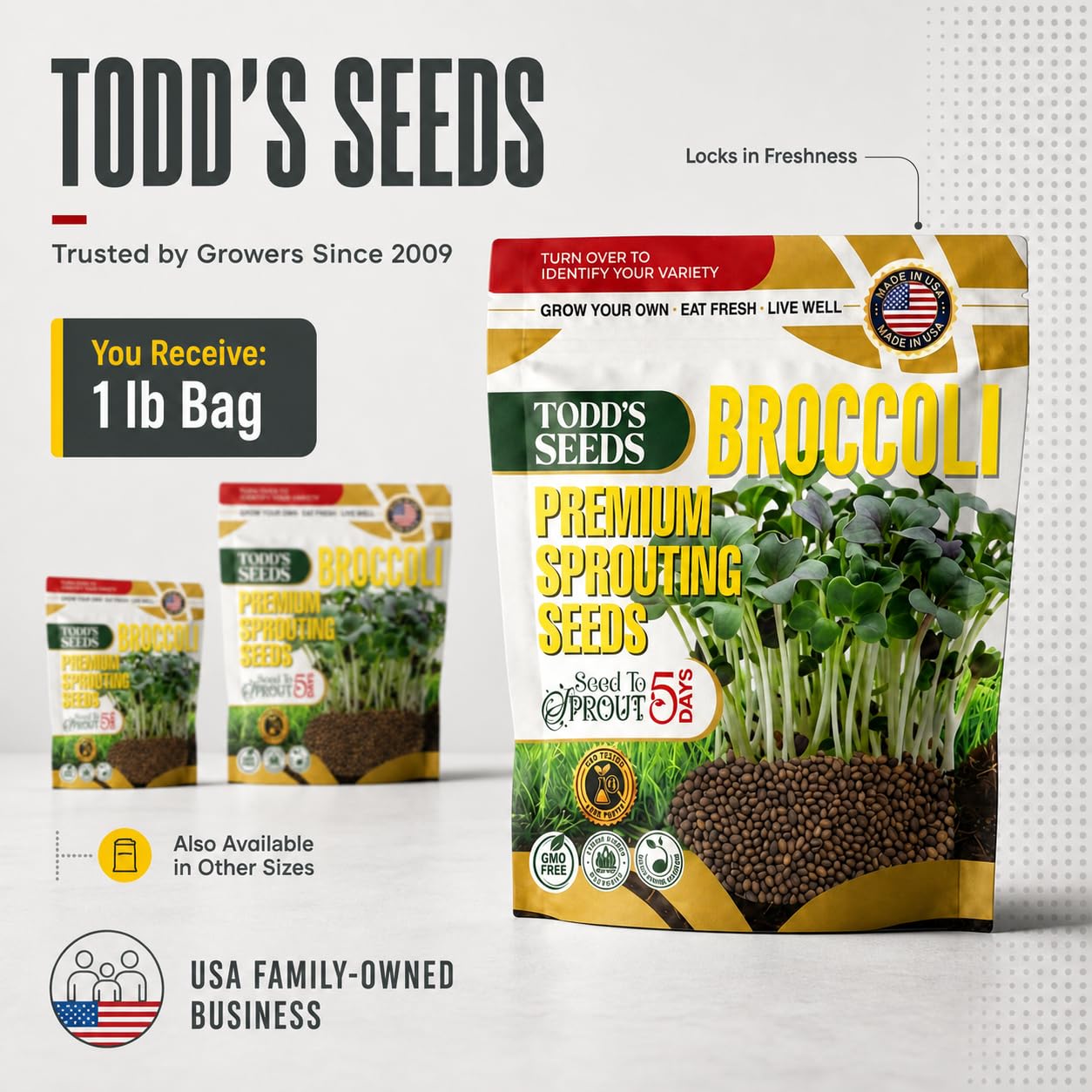 Todd's Seeds pouch abierto revelando semillas secas y almacenamiento seguro