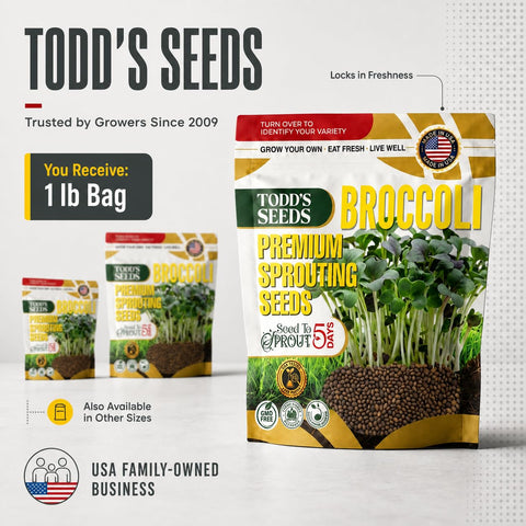 Todd's Seeds pouch abierto revelando semillas secas y almacenamiento seguro
