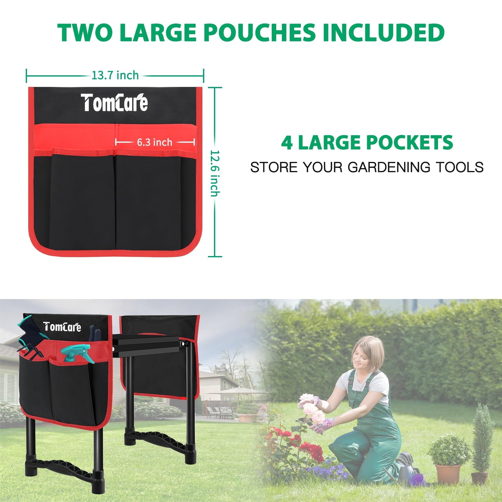 TomCare asiento con bolsillos para herramientas a ambos lados y fácil acceso