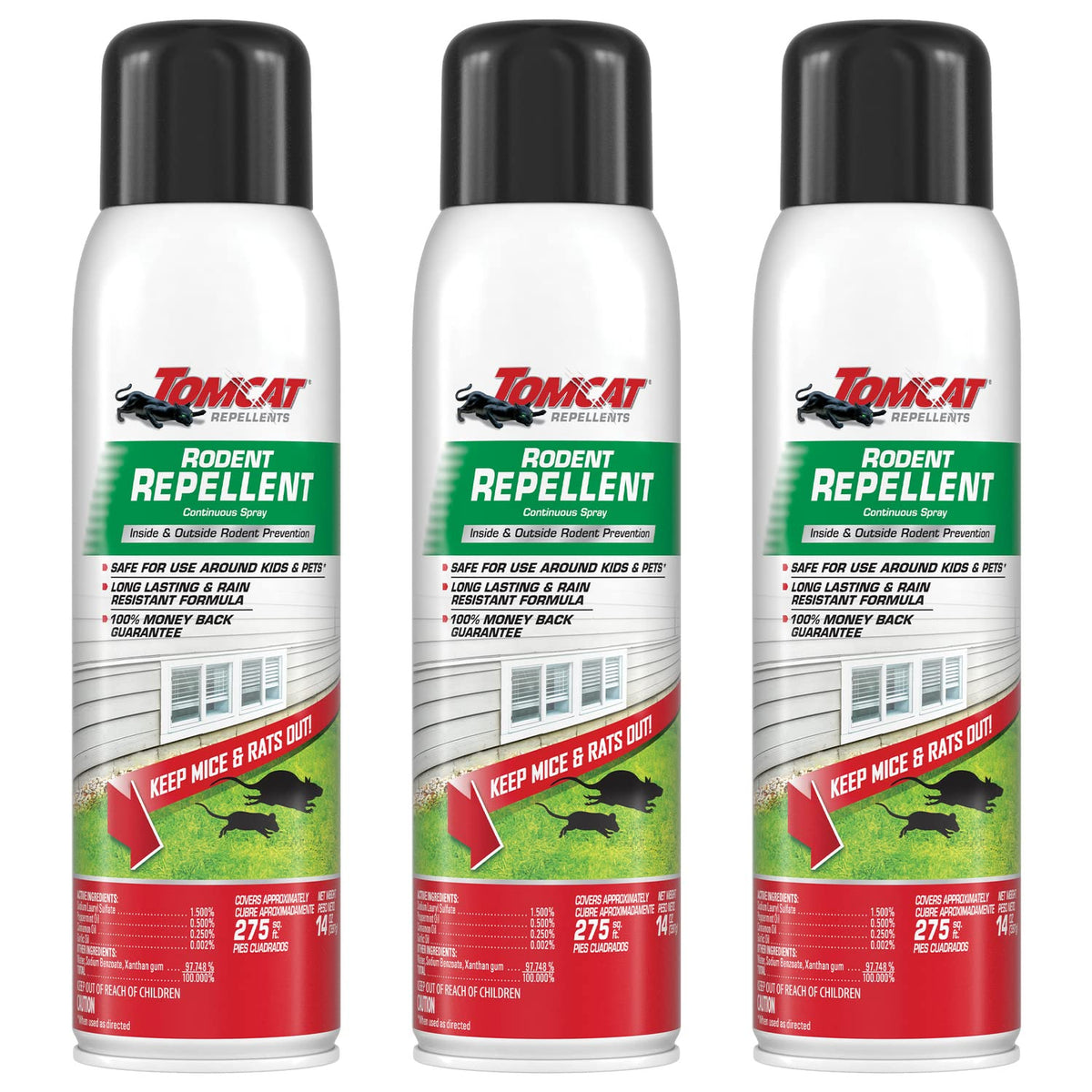 Tomcat envase frontal spray continuo muestra etiqueta clara y protección rápida