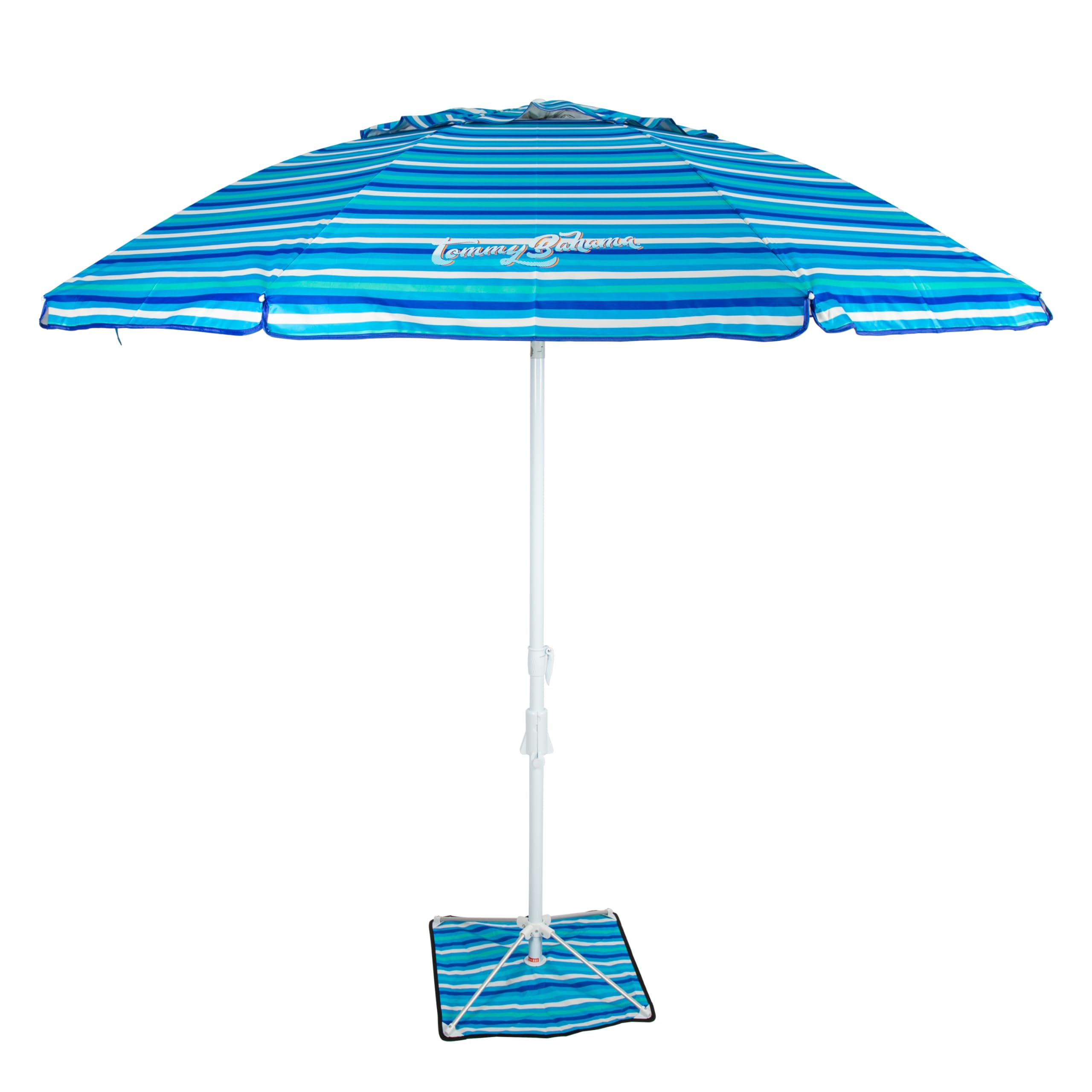 Tommy Bahama vista frontal de la sombrilla con rayas azules, ofrece estilo y sombra duradera