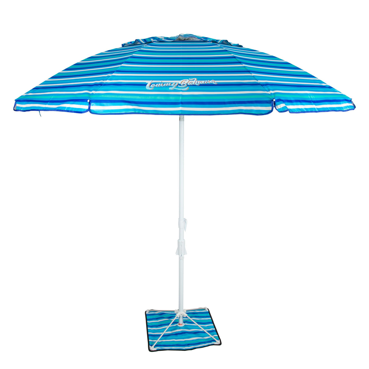 Tommy Bahama vista frontal de la sombrilla con rayas azules, ofrece estilo y sombra duradera