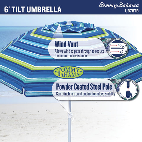 Tommy Bahama sombrilla abierta en playa ofreciendo sombra amplia
