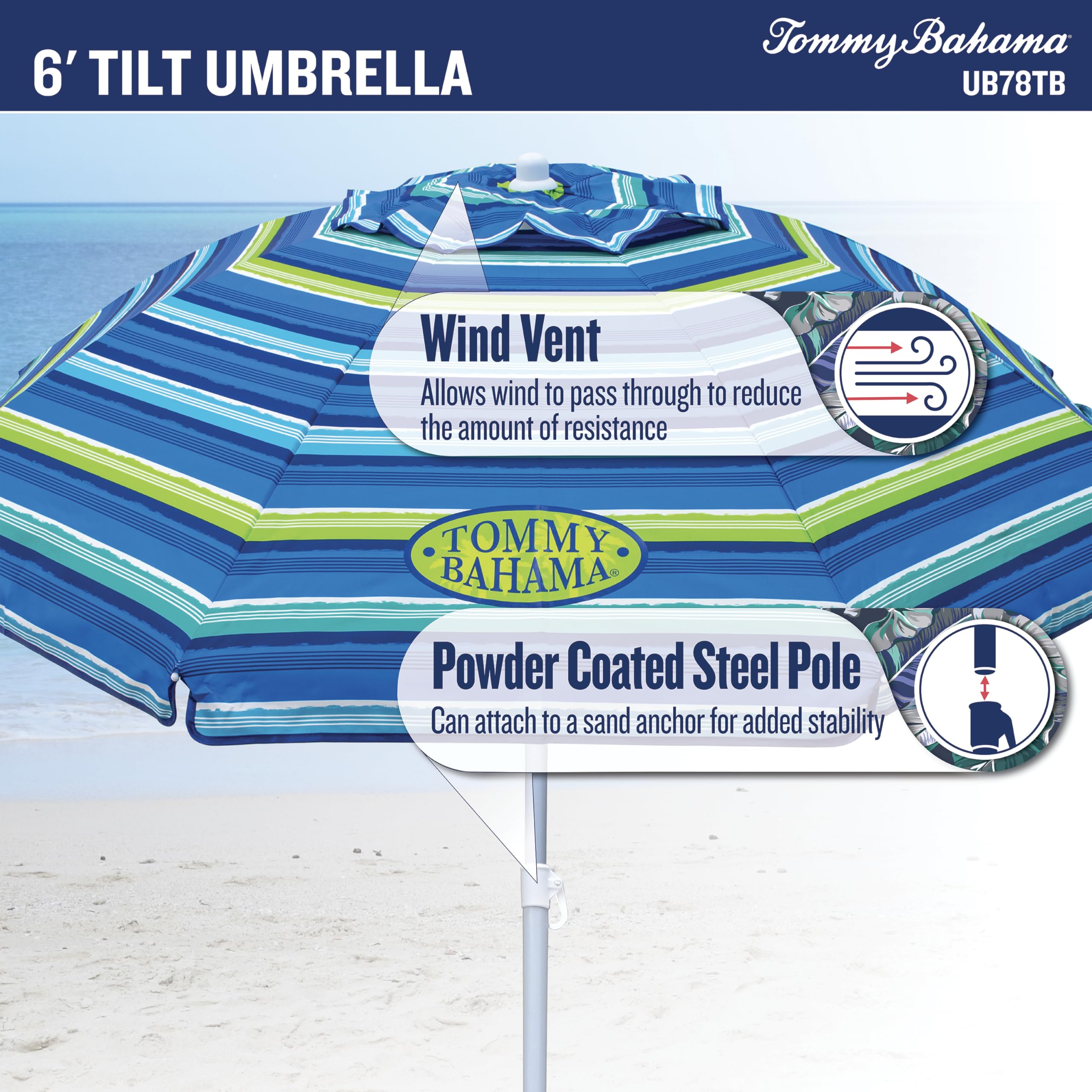 Tommy Bahama sombrilla en uso en la playa con familia, sombra portátil cómoda