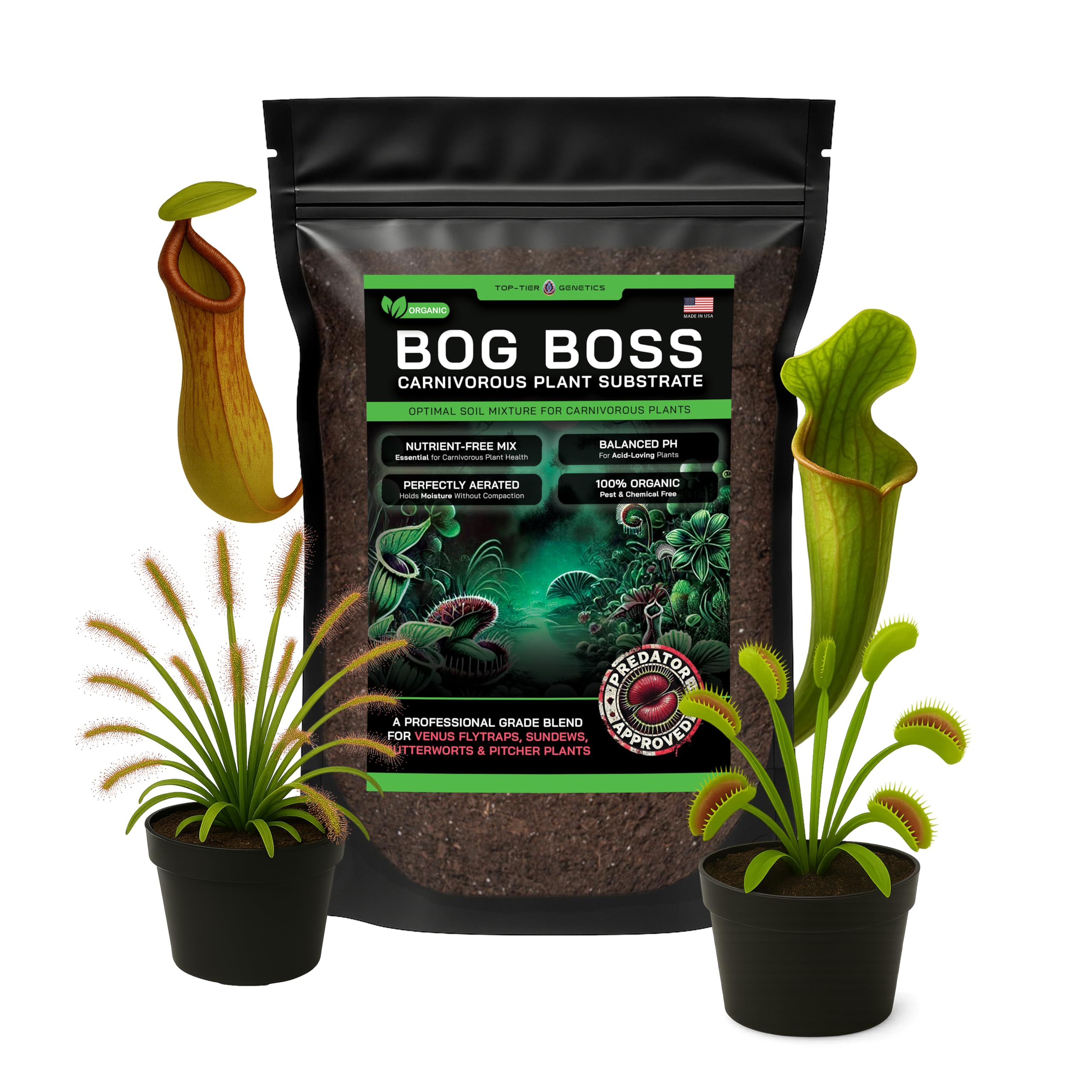 Top Tier Genetics BOG BOSS frente del empaque mostrando 4 QTS y beneficio de mezcla especializada