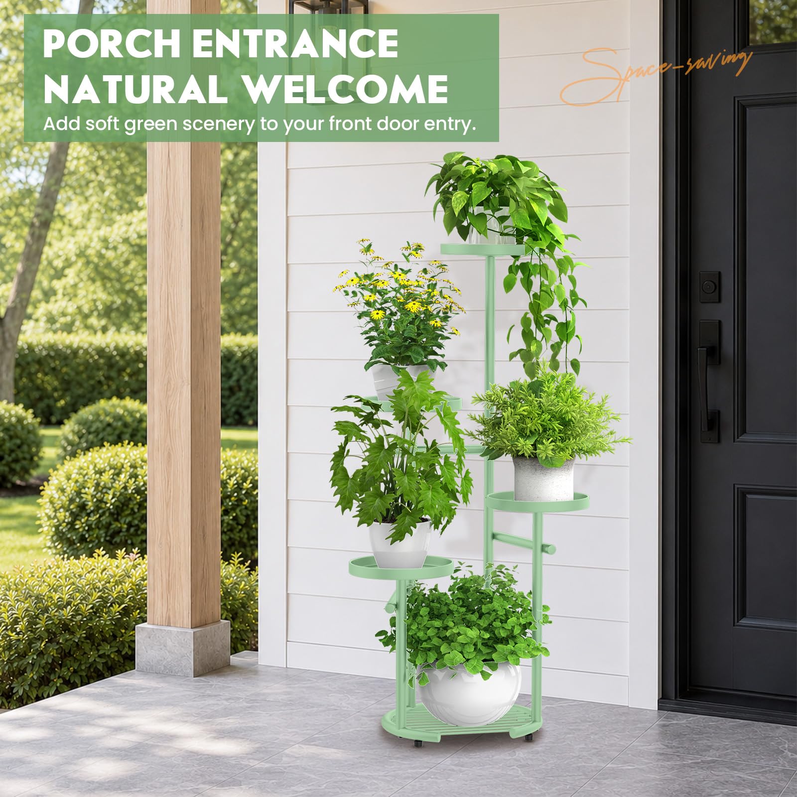 TOSKING en balcón decorado verde salvia integrando plantas y ambiente acogedor