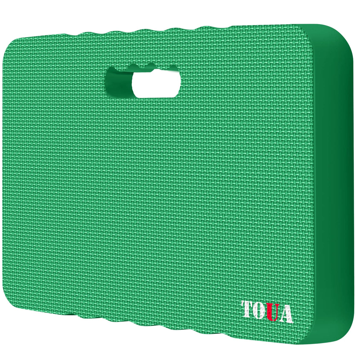 TOUA vista frontal del cojín para arrodillarse mostrando diseño y color verde, comodidad inmediata