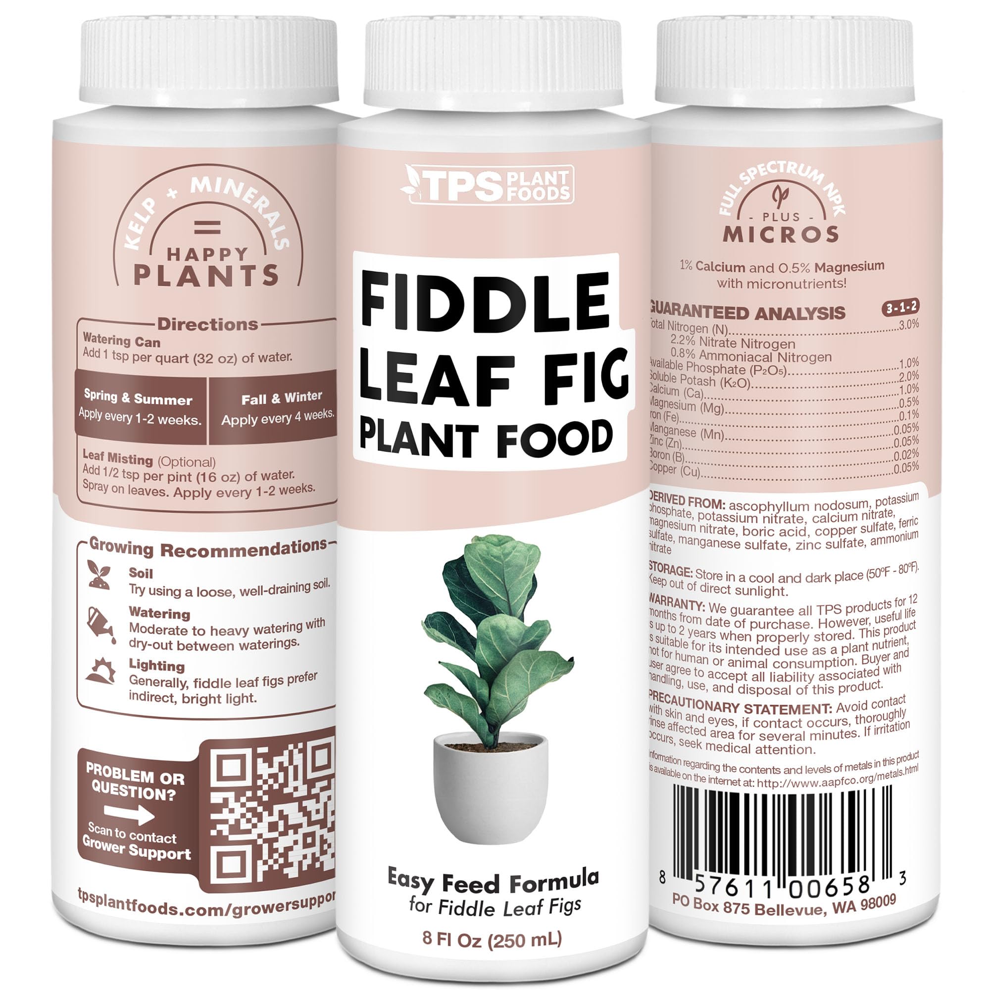 TPS NUTRIENTS botella al lado de un fiddle leaf fig en sala que inspira cuidado interior
