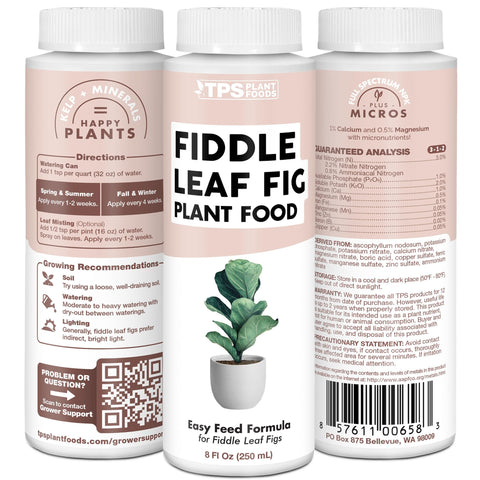 TPS NUTRIENTS botella al lado de un fiddle leaf fig en sala que inspira cuidado interior
