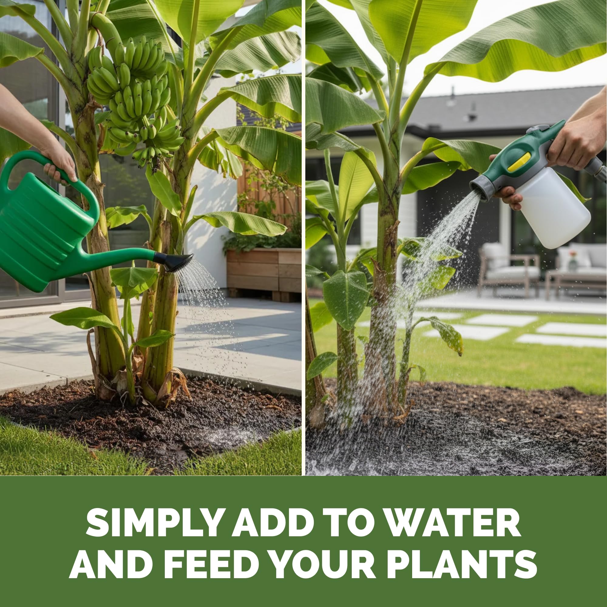 TPS NUTRIENTS fertilizando plantas de plátano en jardín tropical saludable